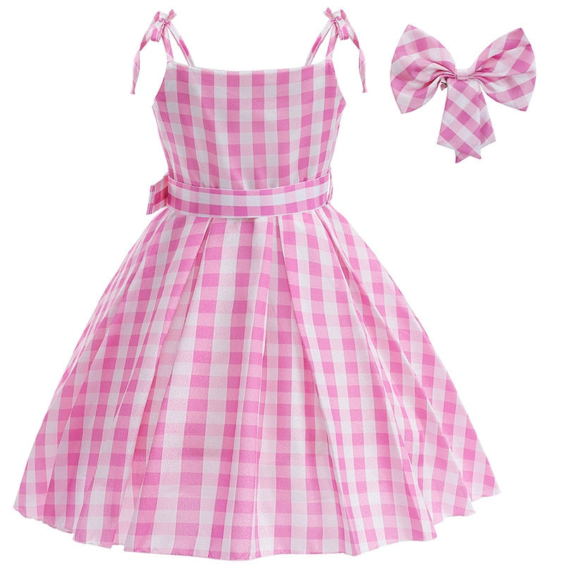 Movie Berbie Costume for Girls Pink Plaid Barbi Cosplay Kids Princess Dress Birthday Halloween Carnival Party Vestidos 3-10 Yrs