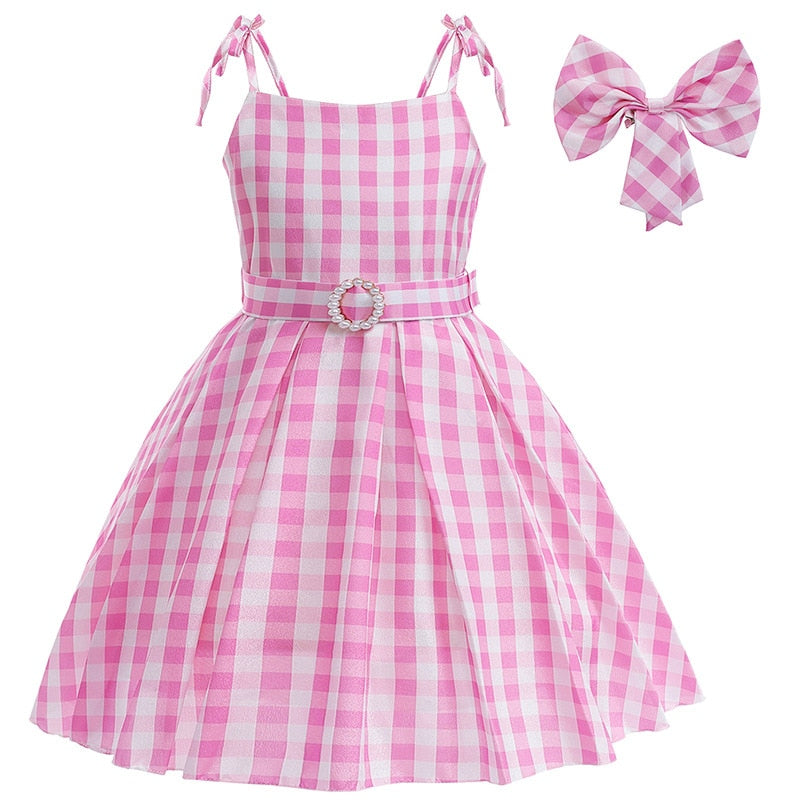 Movie Berbie Costume for Girls Pink Plaid Barbi Cosplay Kids Princess Dress Birthday Halloween Carnival Party Vestidos 3-10 Yrs