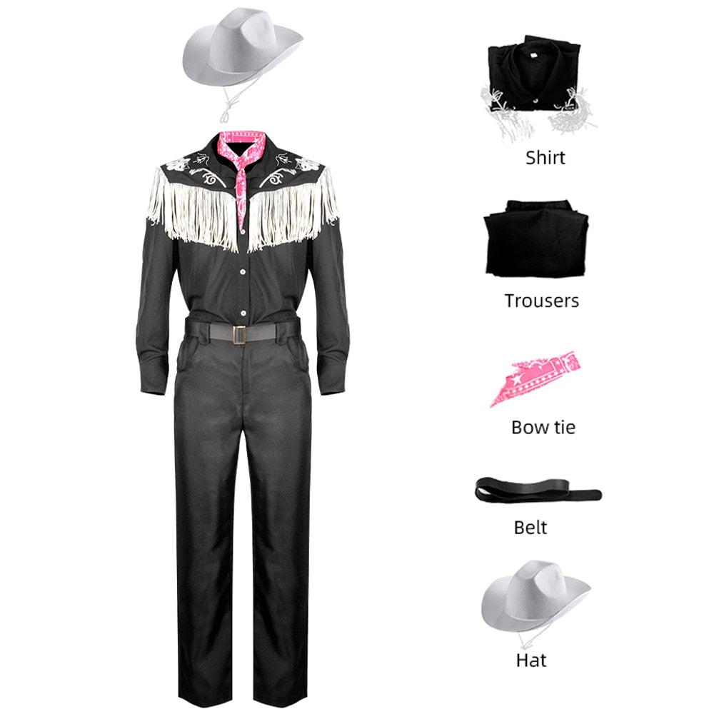 Movie Ken Ryan Gosling Cosplay Costume Adult Men Cowboy Shirt Pants Hat Belt Scarf Suit Performance Halloween Uniform