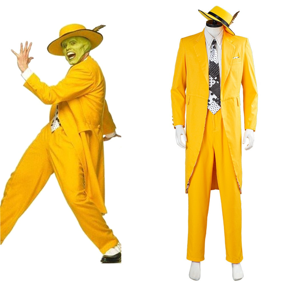 Movie&amp;tv The Mask Jim Carrey Cosplay Costumes Set Unisex Adult Yellow Suit Uniform Outfits Halloween Carnival Dress Up Party