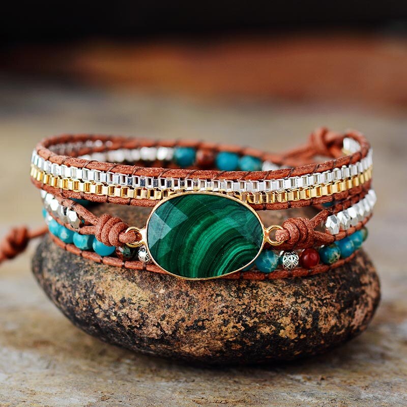 Multi Strands Malachite Leather Wrap Bracelets W/ Natural Stone Chain Beaded Bracelet Teengirls Bohemian Jewelry