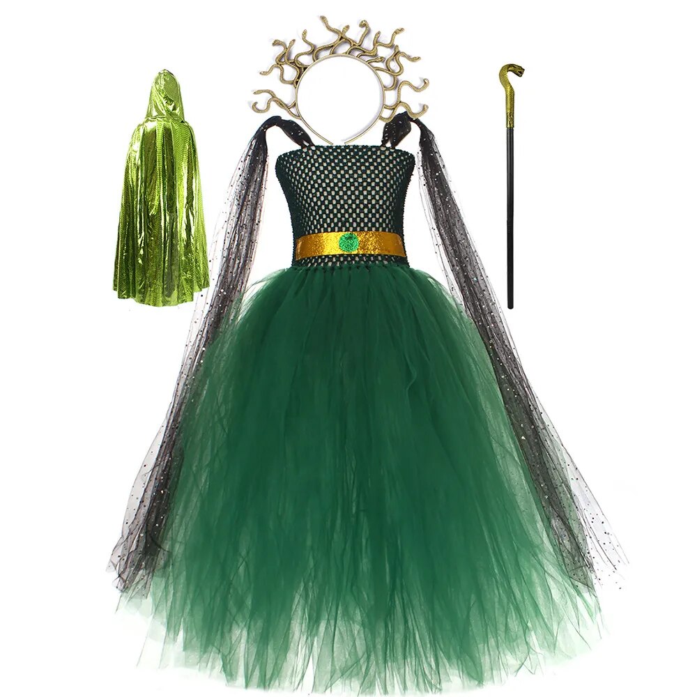 Halloween Girls Cosplay Costume Carnival Party Ancient Greek Snake-haired Banshee Cos Costume Dark Green Mesh Dress