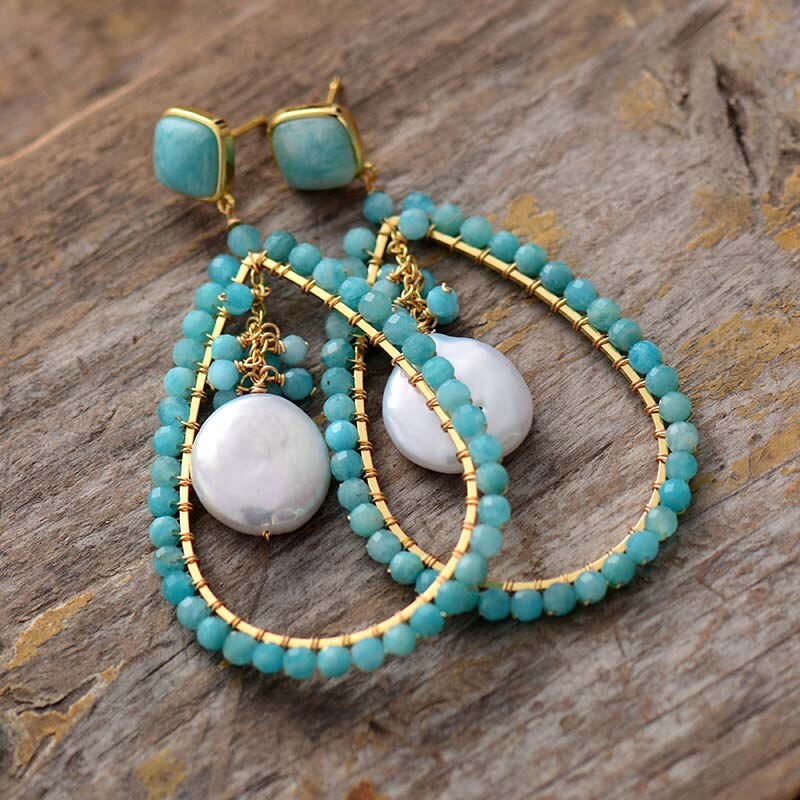 Hyperbole Teardrop Earrings Bold Fashion Amazonite Stones Pearl Stud Earring Teengirls TOP Jewelry Bijoux