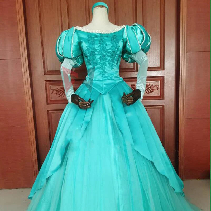 Style Ariel Princess Cosplay Costume Green Pink Dress Sleeve with Pearl for Adult Women Halloween Party Custom Made