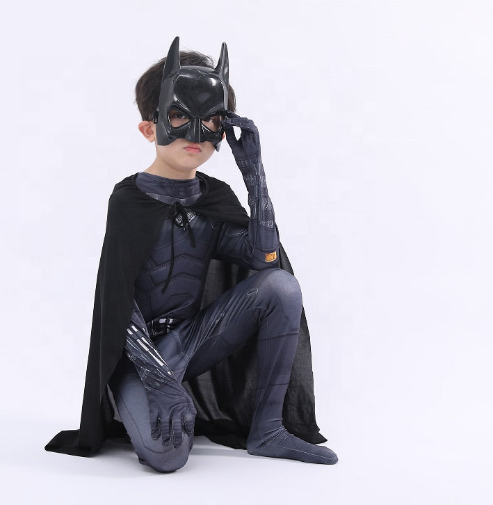 Black Bodysuit Halloween Kids Superhero Costumes Cosplay Movie Costume Pattinson The Bat Man with Cape