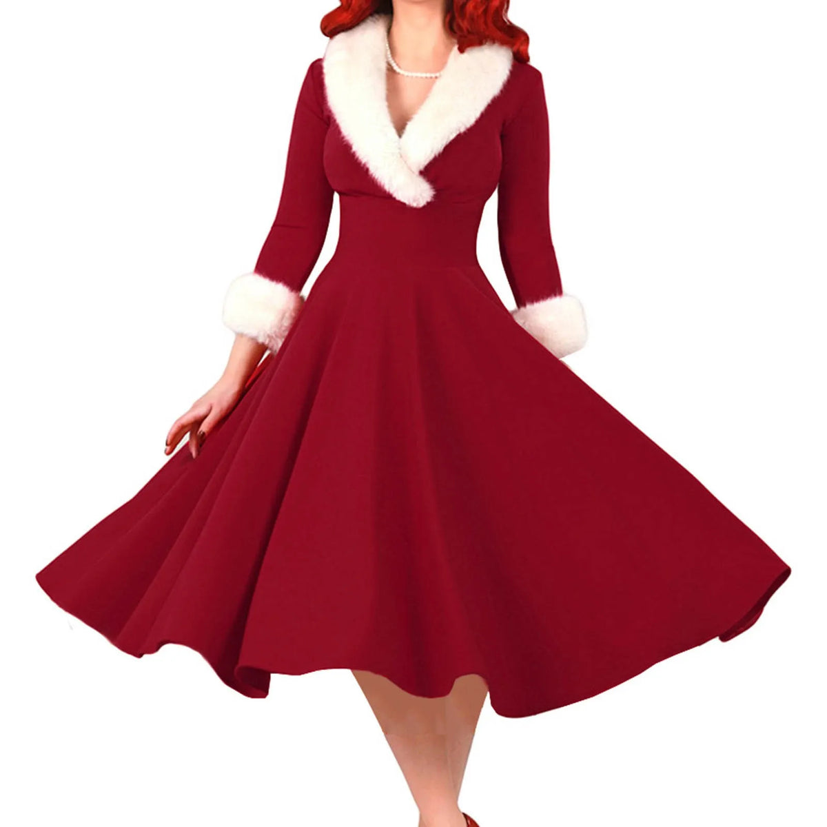 New Year Christmas Dress Women Christmas Sexy Costume Long Sleeve V Neck Plush Warm Party Pleated Tunic Swing Dresses
