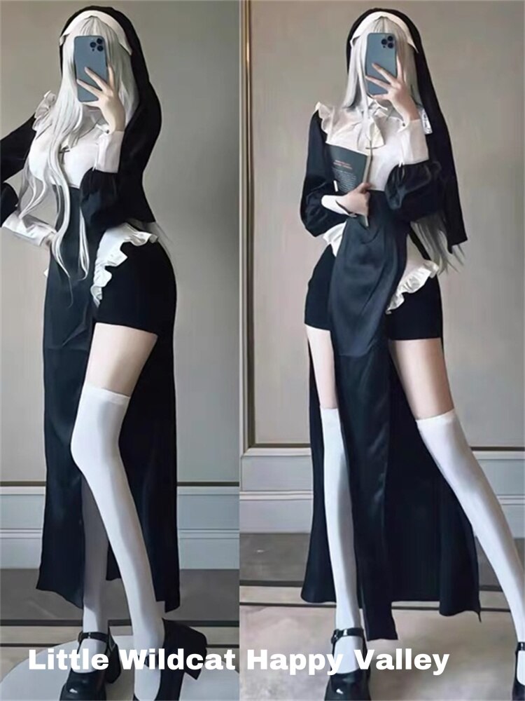 Nun Cosplay Costume Women Dress Set Halloween Party Role Play Outfit Adult Sisters Dress Black Cosplay Dress Up Plus