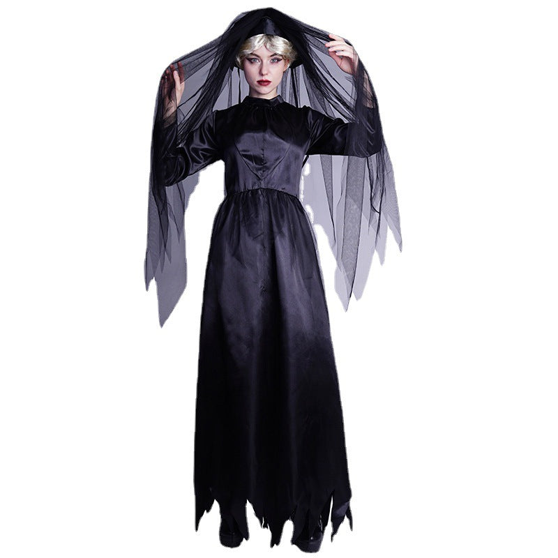 Disfraz de bruja para Halloween, cosplay gótico, velo de encaje negro, traje de novia fantasma
