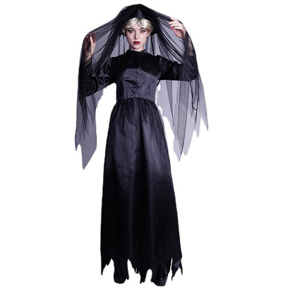 Disfraz de bruja para Halloween, cosplay gótico, velo de encaje negro, traje de novia fantasma