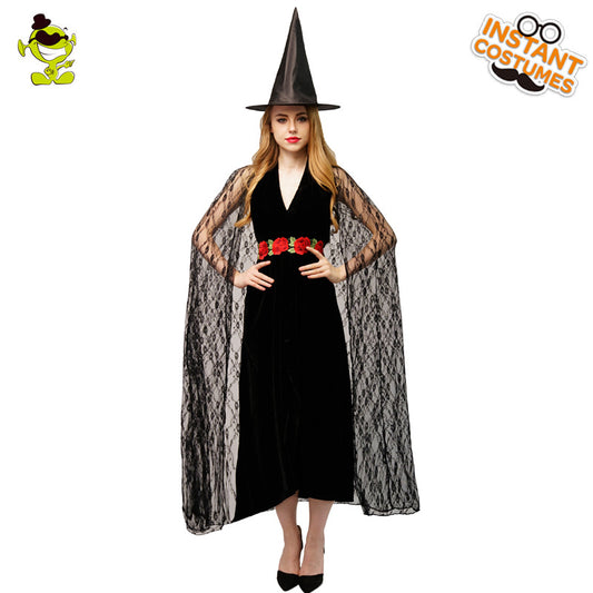 Costume de sorcière longue pour femme adulte d'Halloween pour représentation sur scène et cosplay