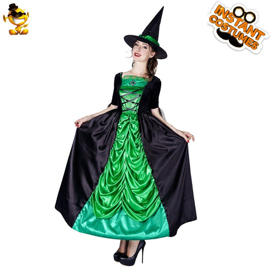 Costume de sorcière verte pour femme, robe longue d'Halloween, cosplay, adulte