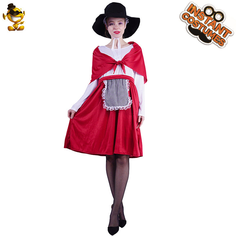 Vestido de sirvienta vintage rojo y blanco para mujer, disfraz de cosplay de Halloween, vestido de delantal de manga larga