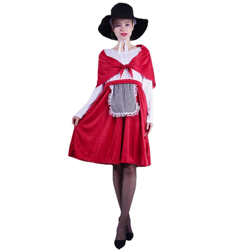Vestido de sirvienta vintage rojo y blanco para mujer, disfraz de cosplay de Halloween, vestido de delantal de manga larga
