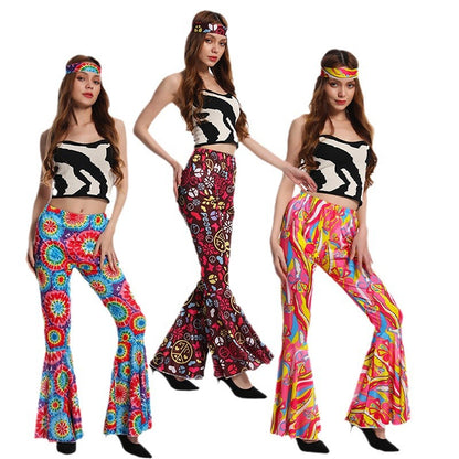 Pantalon évasé hippie vintage pour femme, tenue de soirée, cosplay, Halloween, années 70