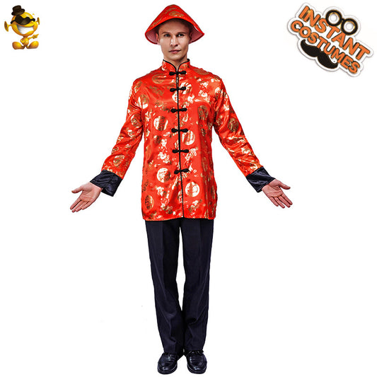 Red Tang Suit Costume for Men Halloween Cosplay Stage Performance Party Outfit