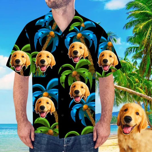 Custom Face Shirt Coconut Tree Men&#39;s Hawaiian Shirt Black img 1