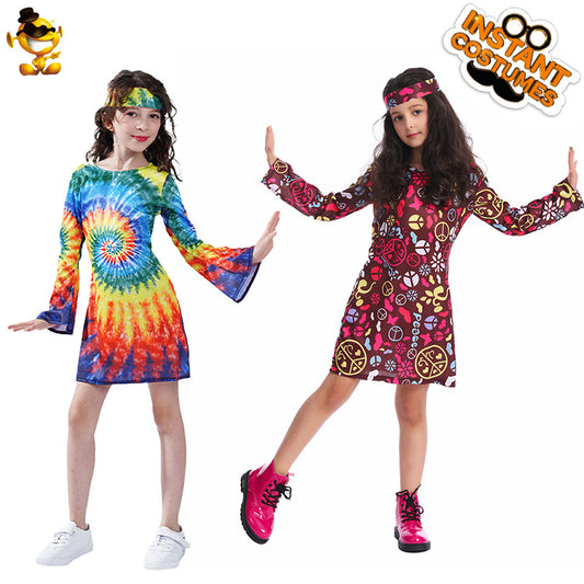 girls hippie costume vintage colorful dress for stage performance cosplay halloween