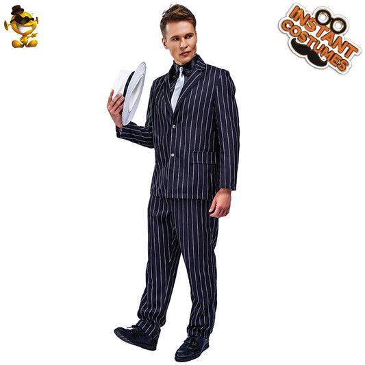 men's black gangster cosplay costume for halloween party stage performance
