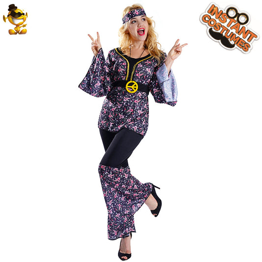 Robe hippie à manches cloches et fleurs pour femme, costume vintage pour soirée, spectacle et cosplay