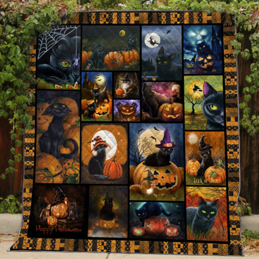 Black Cat Halloween Pumpkin Custom Blanket img 1