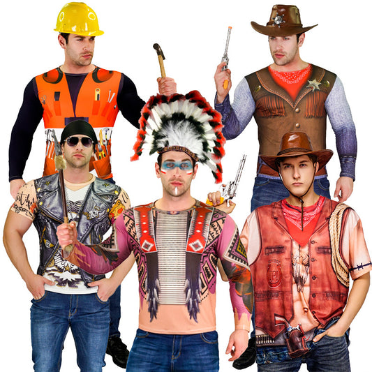 T-shirt imprimé numérique Halloween, costume de cowboy, pompier, pirate, homme des cavernes, pour fête sur scène, cosplay