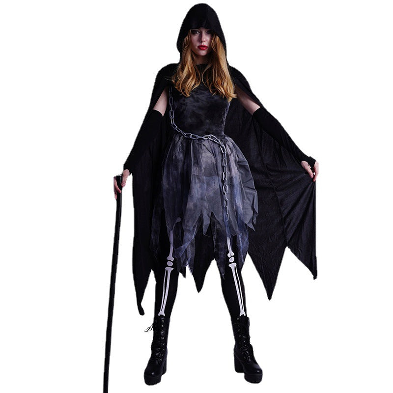 Disfraz de esqueleto fantasma negro para cosplay de Halloween y presentaciones escénicas.