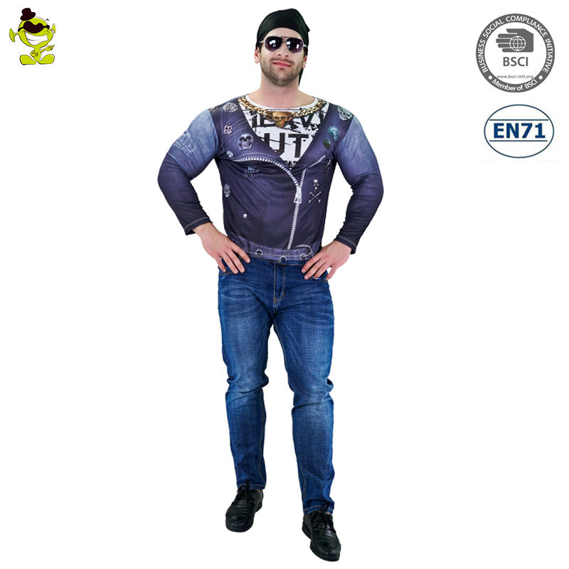 Gladiator Motorcycle Pirate Costume for Men Halloween Cosplay Stage Performance Long Sleeve Digital Print