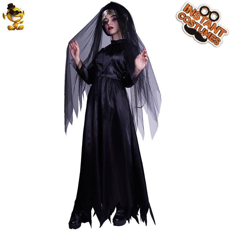 Disfraz de bruja para Halloween, cosplay gótico, velo de encaje negro, traje de novia fantasma