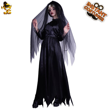 Disfraz de bruja para Halloween, cosplay gótico, velo de encaje negro, traje de novia fantasma