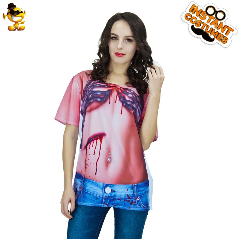 Halloween women's 3D digital print t-shirt horror blood stage performance costume party cosplay outfit