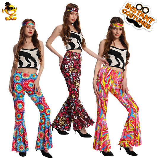 Pantalon évasé hippie vintage pour femme, tenue de soirée, cosplay, Halloween, années 70