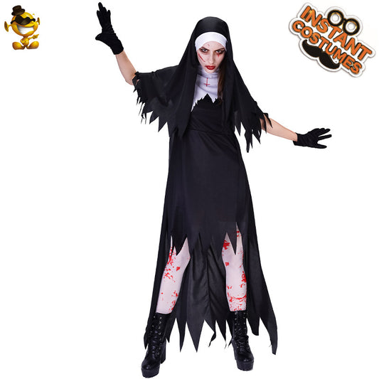 Halloween adult women bloodstained nun dress costume set for cosplay zombie priestess outfit
