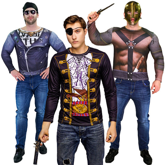 Costume de gladiateur moto pirate pour homme, Halloween, cosplay, scène, manches longues, impression numérique