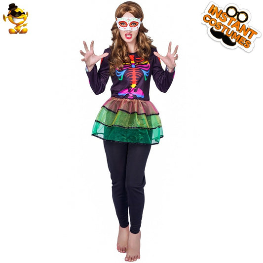 Costume d'Halloween pour femme, robe squelette, tenue de fête gothique cosplay