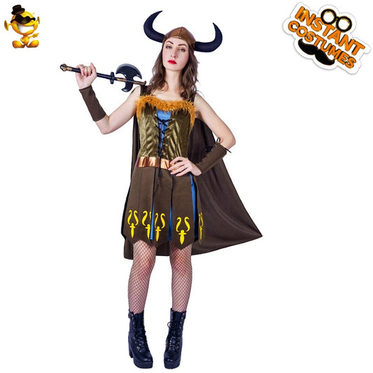 viking hunter costume with horns for halloween cosplay stage performance