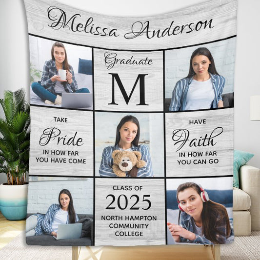 Custom 5 Photo Collage Gray Rustic Graduation Fleece Blanket img 1