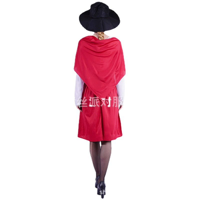 Vestido de sirvienta vintage rojo y blanco para mujer, disfraz de cosplay de Halloween, vestido de delantal de manga larga