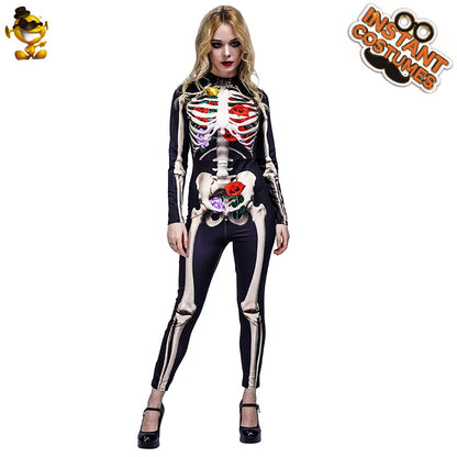 Halloween women's scary rose skeleton jumpsuit cosplay costume for adults