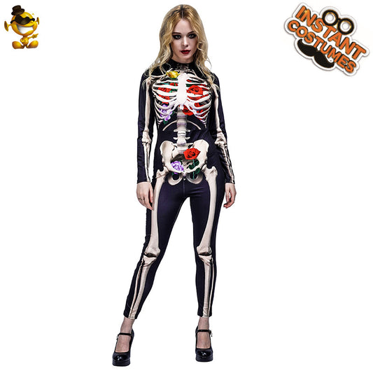 Halloween women's scary rose skeleton jumpsuit cosplay costume for adults