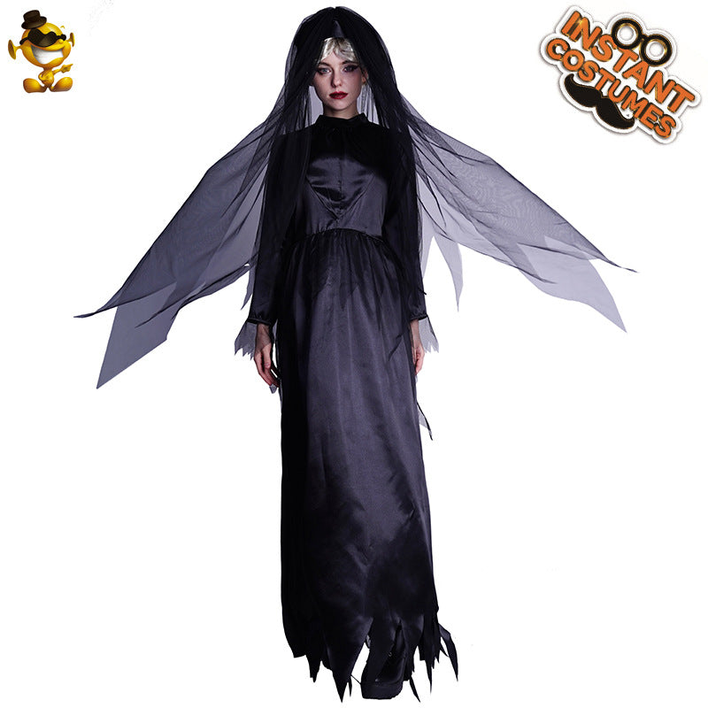Disfraz de bruja para Halloween, cosplay gótico, velo de encaje negro, traje de novia fantasma
