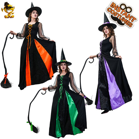 Costume de sorcière longue pour femme adulte d'Halloween pour représentation sur scène et cosplay