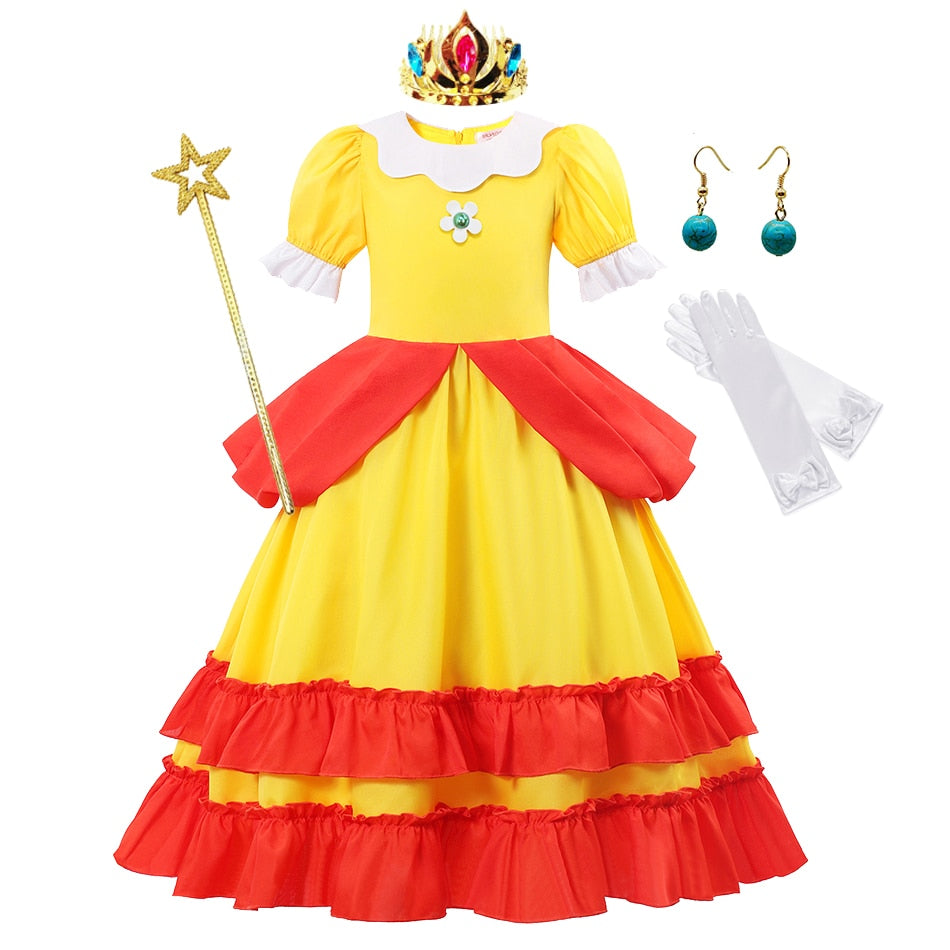 Peach Princess Cosplay Dress Girl Game Role Playing Costume Halloween Party Stage Performace Outfits Kids Carnival Clothes