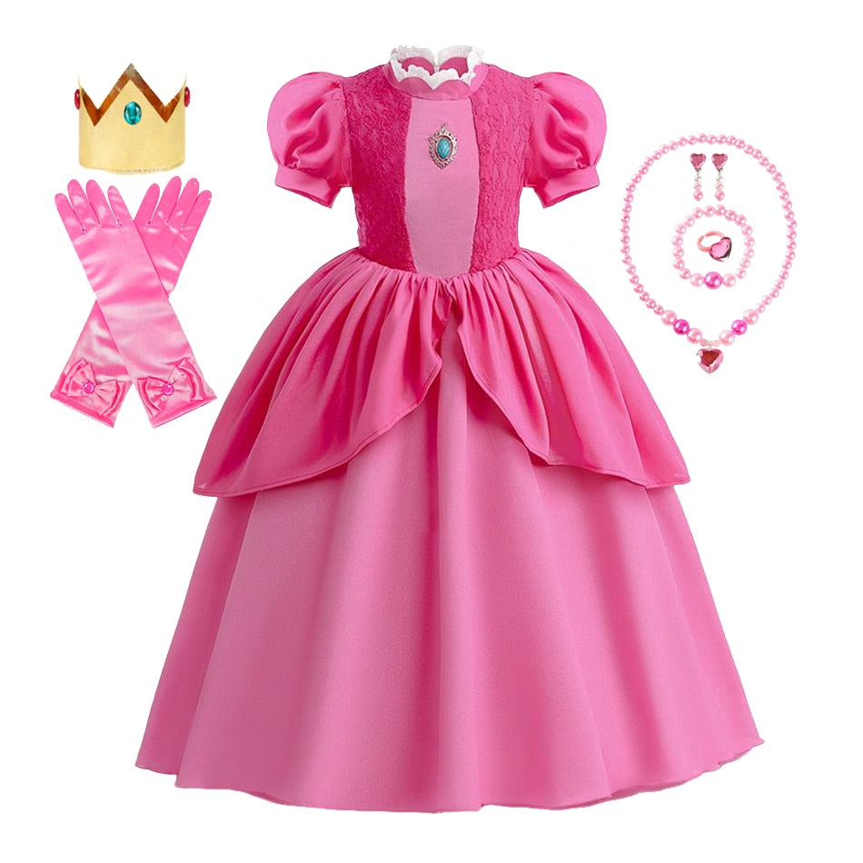 Peach Princess Cosplay Dress Girl Game Role Playing Costume Halloween Party Stage Performace Outfits Kids Carnival Clothes