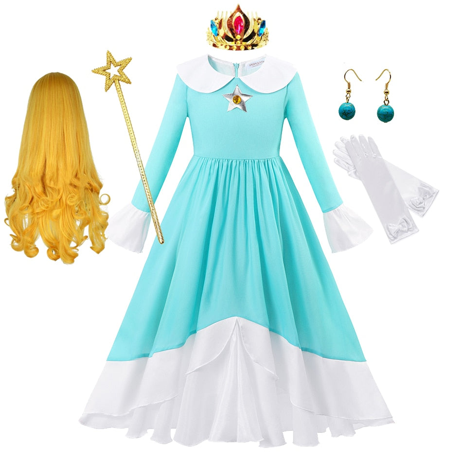 Peach Princess Cosplay Dress Girl Game Role Playing Costume Halloween Party Stage Performace Outfits Kids Carnival Clothes