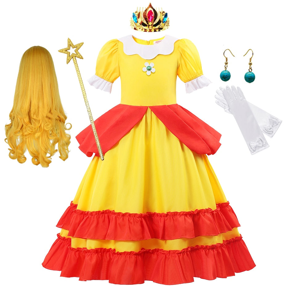 Peach Princess Cosplay Dress Girl Game Role Playing Costume Halloween Party Stage Performace Outfits Kids Carnival Clothes