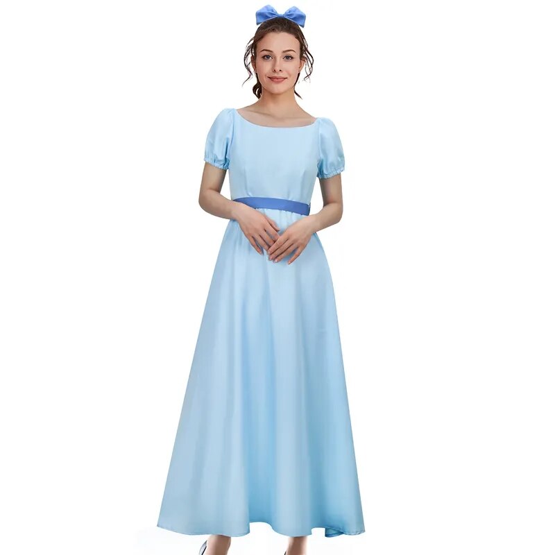 Peter Pan Wendy Cosplay Dress Adult Woman Long Blue Dresses French Maid Outfits with Belt Bow Hairpin Headwear Sets