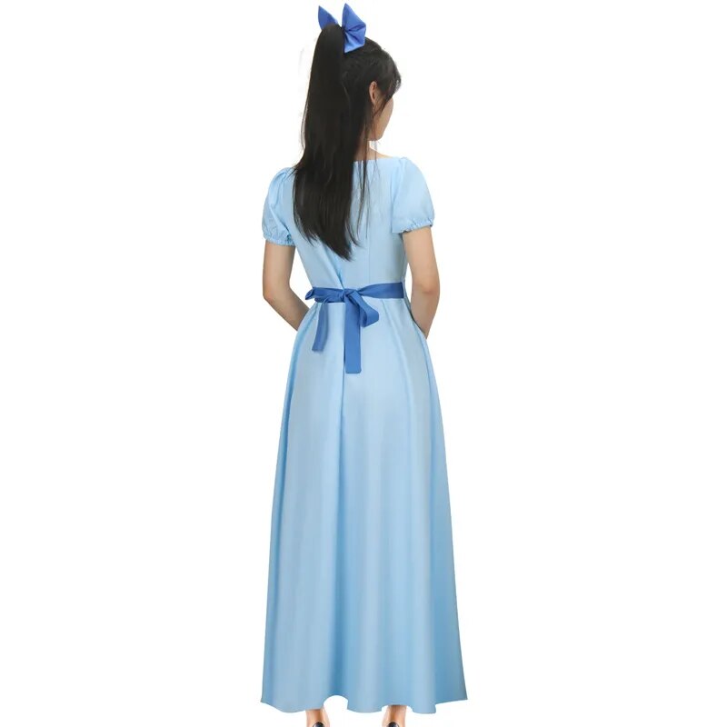 Peter Pan Wendy Cosplay Dress Adult Woman Long Blue Dresses French Maid Outfits with Belt Bow Hairpin Headwear Sets