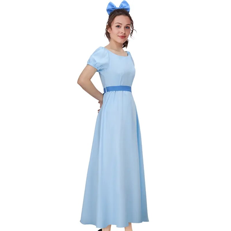 Peter Pan Wendy Cosplay Dress Adult Woman Long Blue Dresses French Maid Outfits with Belt Bow Hairpin Headwear Sets