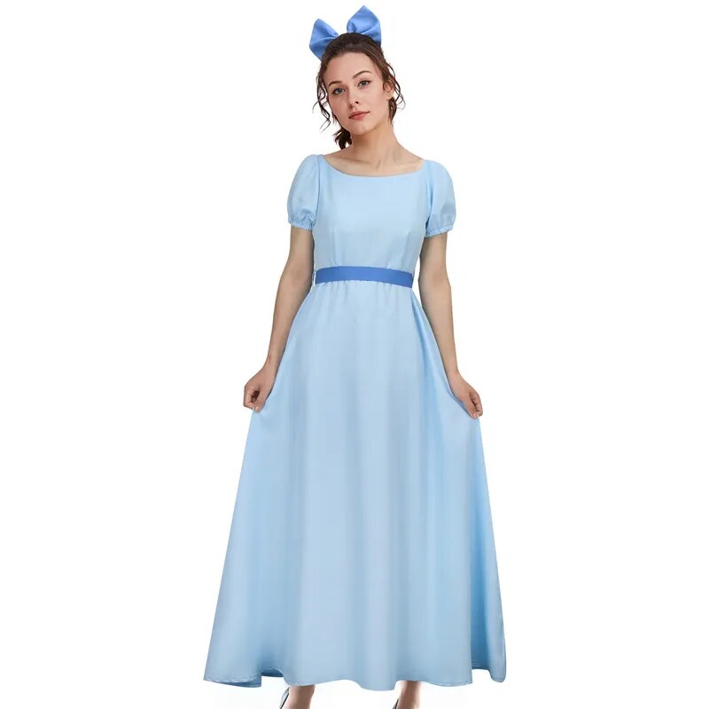 Peter Pan Wendy Cosplay Dress Adult Woman Long Blue Dresses French Maid Outfits with Belt Bow Hairpin Headwear Sets