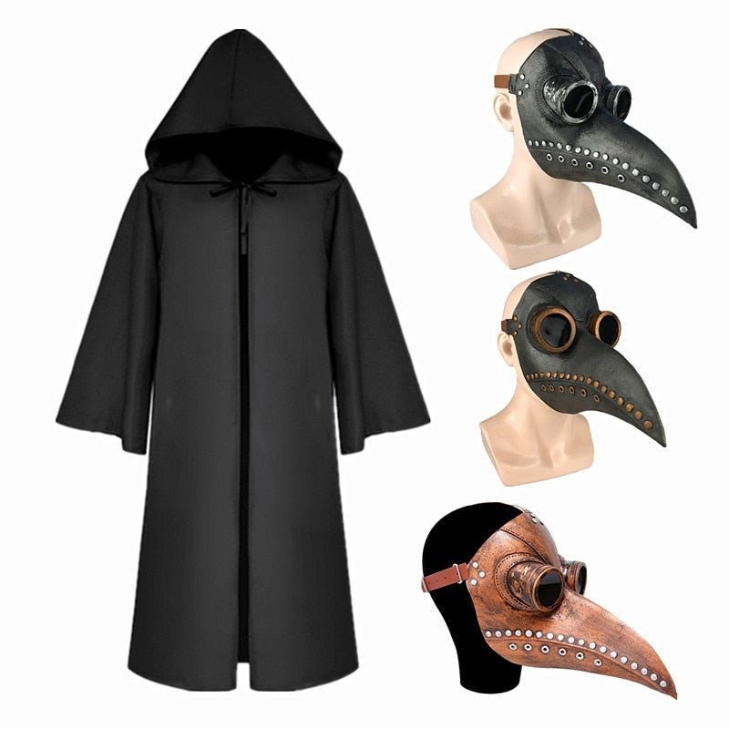 Plague Doctor Costume Hooded Cloak Long Nose Beak Latex Mask Halloween Cosplay Cloak Costume for Kids and Adult Party